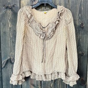 Anthropologie Leifsdottir Flabellum Top 2 Silk Brown Dot Ruffle Boho Chiffon